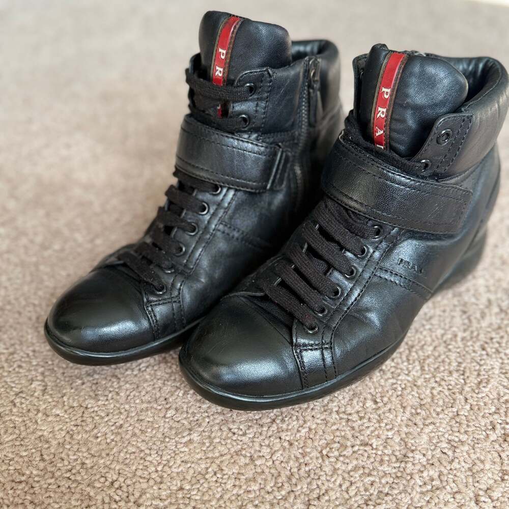PRADA High-Top Black Soft Leather Sneakers Women’s Size 7 - Picture 2 of 10